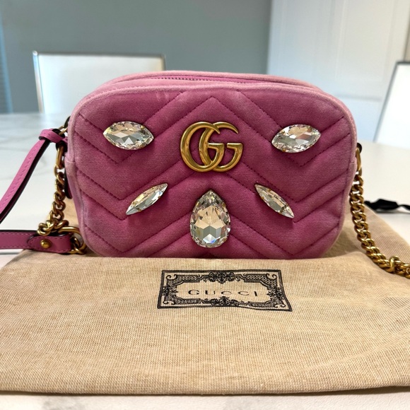 Gucci Handbags - RARE Gucci Pink Velvet Marquise Crystal Mini GG Marmont Shoulder Bag
